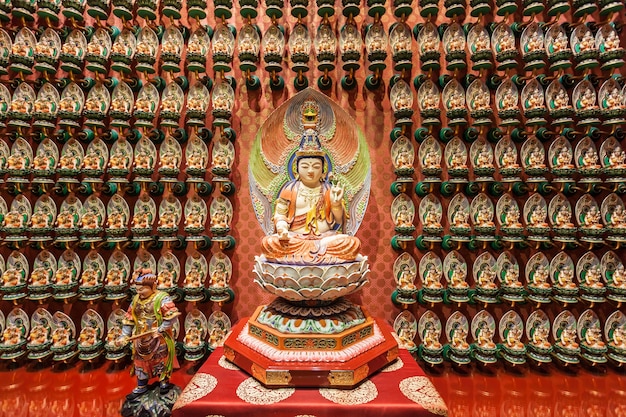 Singapur - 16 de octubre de 2014: interior del templo de la reliquia del diente de Buda. Es un templo budista principal en el distrito de Chinatown de Singapur.