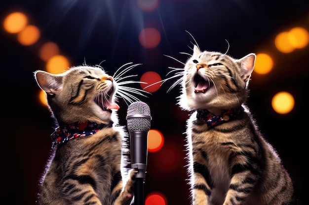 Singende Katzen, Disco der 80er Jahre, Konzert der 90er Jahre, Karaoke mit Kätzchen, abstrakte generative KI-Illustration