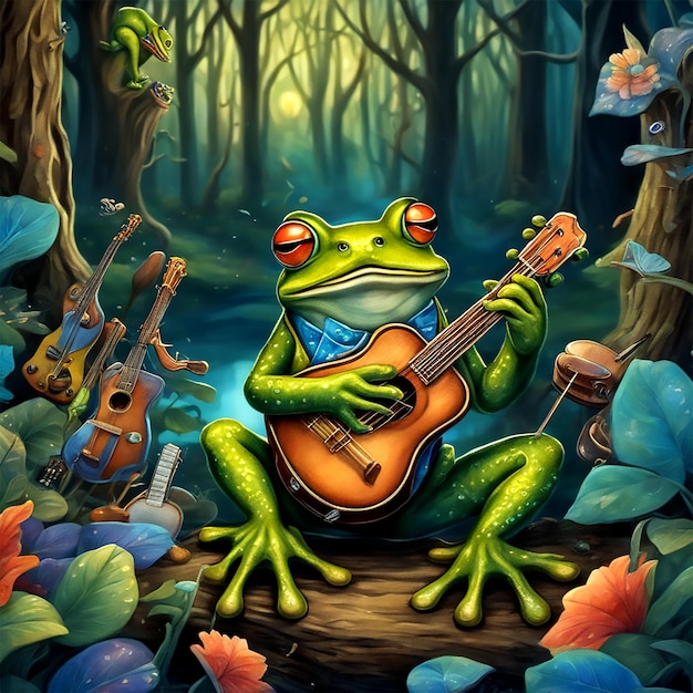 Singender Frosch mit Musikinstrumenten Waldhintergrund große Bäume