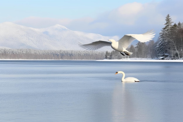 Singschwan dreht sich auf dem Wasser und führt zum Schneeschwan inmitten eines starken Windes, der den Schnee am Kussharo-Hokkaido-See weht