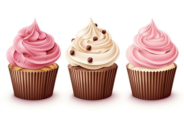 Singular cupcake con crema de chocolate rosa y nueces mostrado desde varios ángulos Desierto sobre fondo blanco