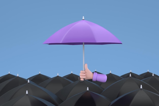 Singularidade e individualidade Mão segurando um guarda-chuva roxo entre pessoas com guarda-chuvas pretos