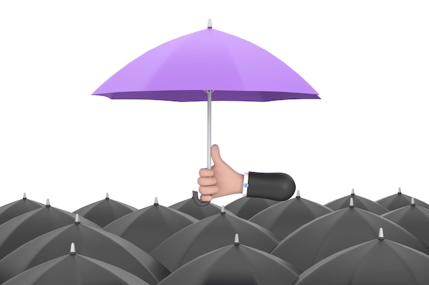 Singularidade e individualidade Mão segurando um guarda-chuva roxo entre pessoas com guarda-chuvas pretos