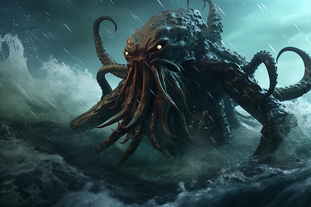 Siniestro kraken surgiendo de las profundidades de una tormenta 00563 00