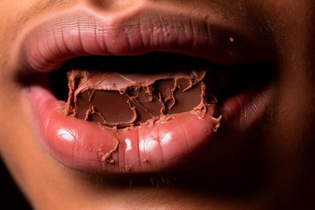 Sinneswahrnehmung, Nahaufnahme des Mundes, Freude an der Schokoladensucht, ein unvergleichliches Erlebnis