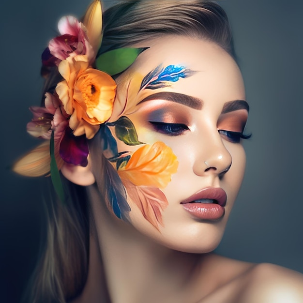 Sinnliche Frau mit Körperkunst und farbigen Augen und Lippen, Schmetterlingen und generativen Blumen