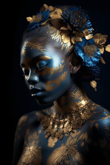 Sinnliche schwarze Frau posiert mit abstrakter Malerei auf Gesicht und Körper Generative KI