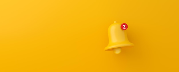 Sino de notificação na renderização 3d de fundo amarelo