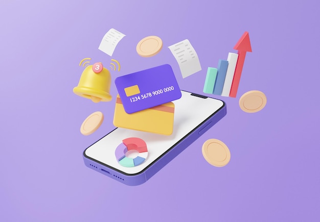 Sino de notificação pagamento on-line cartão de crédito com moeda e nota flutuando no conceito de transação de tela branca em branco do smartphone pagar dinheiro Internet banking em ilustração de renderização 3d de fundo roxo