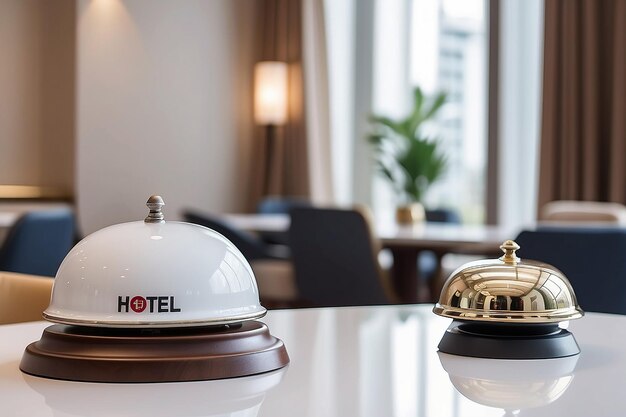 Sino de serviço de hotel em uma mesa vidro branco e fundo de hotel de simulação Conceito de viagem de hotel