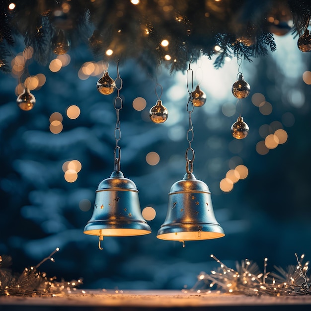 Sinos de latão acesos no fundo da árvore de Natal