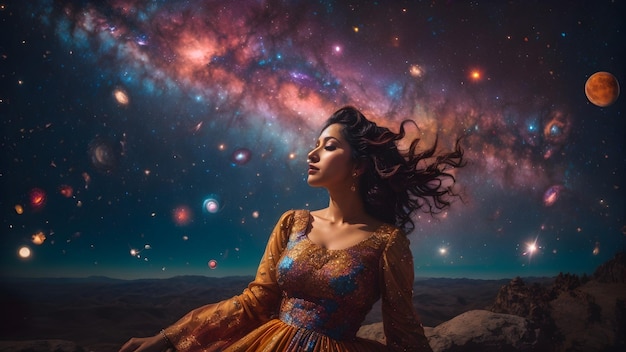 Sinta o universo Uma menina no sonho da noite estrelada do espaço com galáxias nebulosas e luminescência