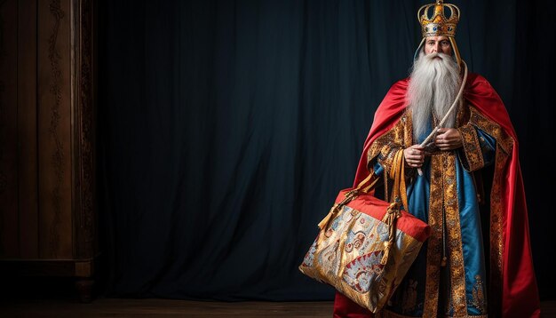 Sinterklaas con bastón y bolsa con ropa de sacerdote ortodoxo ruso