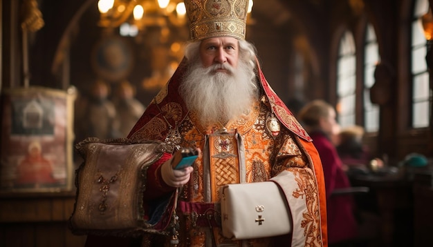 Sinterklaas com bastão e saco em roupas de sacerdote ortodoxo russo