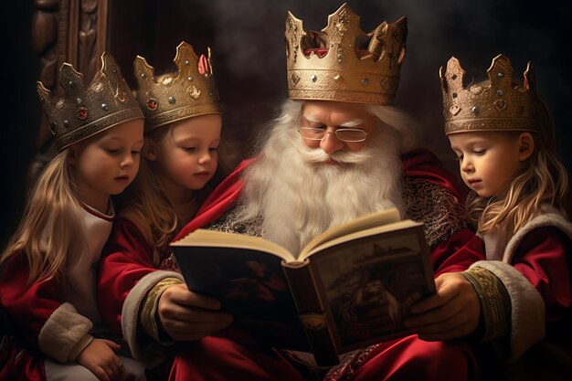 Sinterklaas lendo um livro grande com crianças