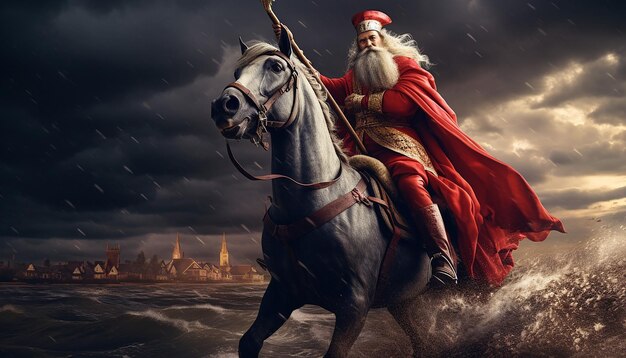 Foto sinterklaas op zijn paard em galope