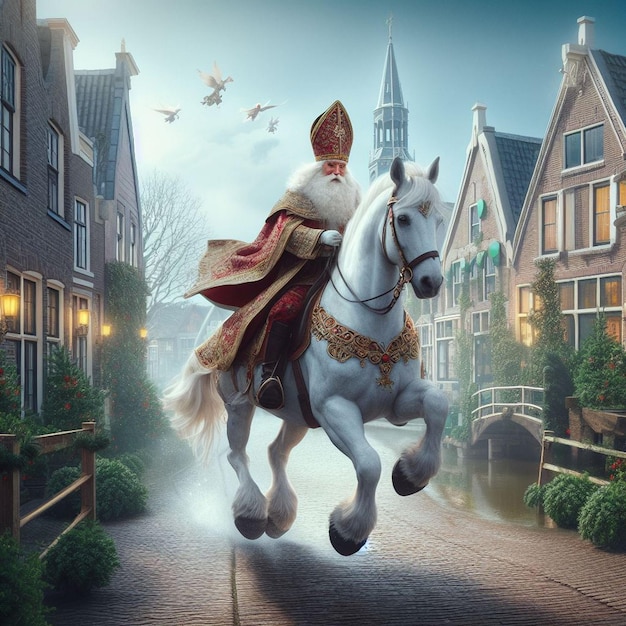Sinterklaas reitet auf seinem weißen Pferd Amerigo durch ein malerisches niederländisches Dorf