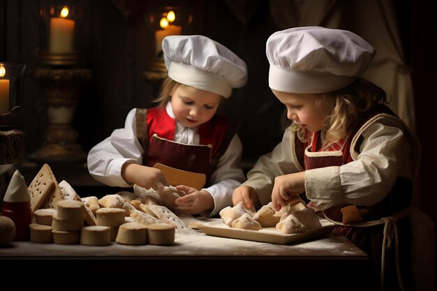 Sinterklaas und Kinder backen traditionell