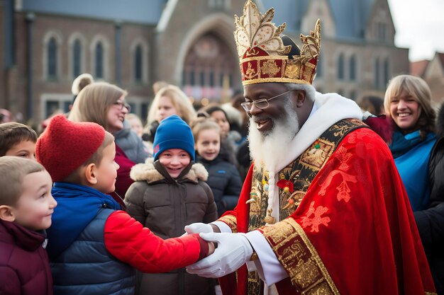 Sinterklaas und Schwarzer Piet grüßen Kinder