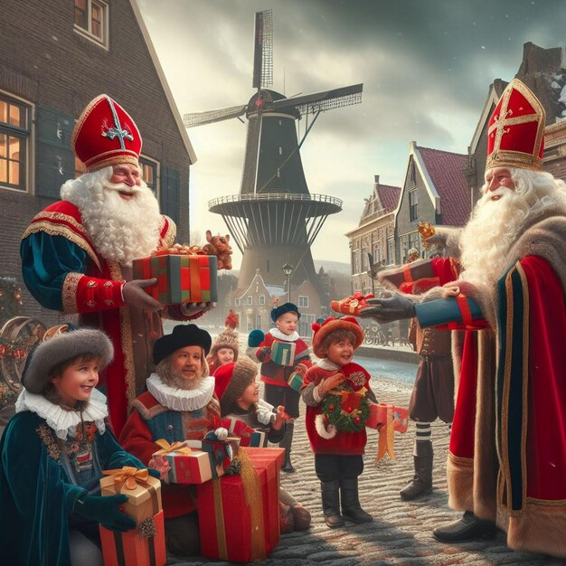 Foto sinterklaas y zwarte pieten distribuyendo regalos a los niños frente a un molino de viento histórico