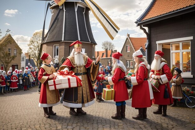 Foto sinterklaas y zwarte pieten distribuyendo regalos a los niños frente a un molino de viento histórico