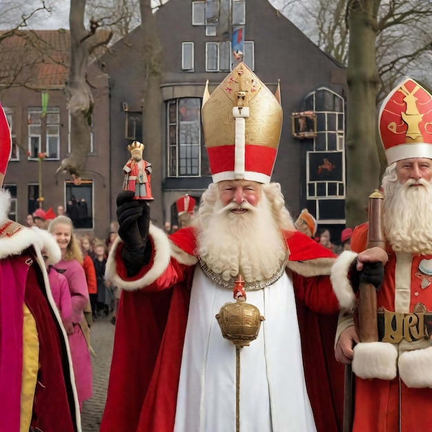 Sinterklass em holandês cavalgando desfilando pela cidade anunciando sua chegada na cidade esc