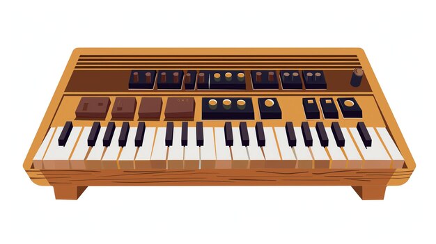 Foto un sintetizador vintage con un cuerpo de madera y teclas en blanco y negro el sintetizador tiene una variedad de botones e interruptores para controlar el sonido