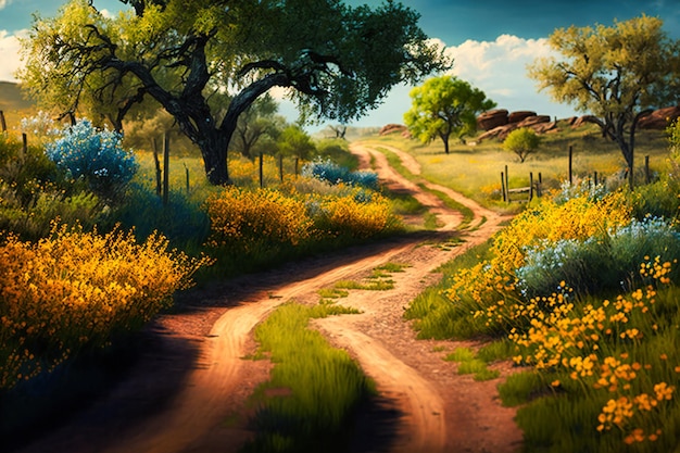 Sinuoso camino de tierra bordeado de árboles y campos de flores silvestres