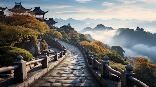 Foto un sinuoso sendero de piedra sube una montaña que conduce a una majestuosa pagoda con vistas al paisaje