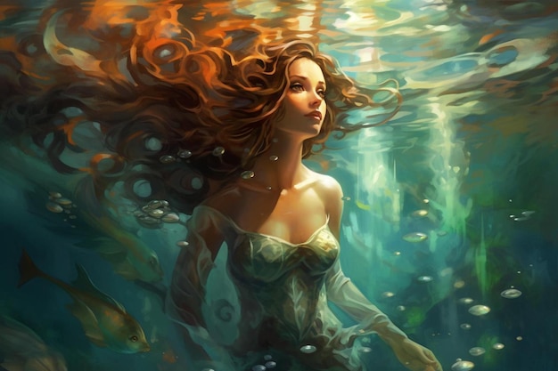 una sirena bajo el agua con una sirena en el agua.