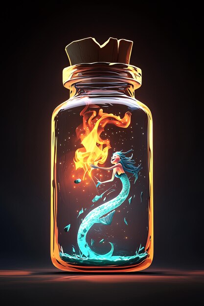 Sirena atrapada en una botella con fuego