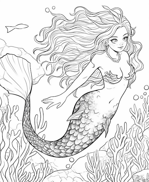 Foto una sirena con cabello largo y un collar de perlas nadando en el océano ai generativa