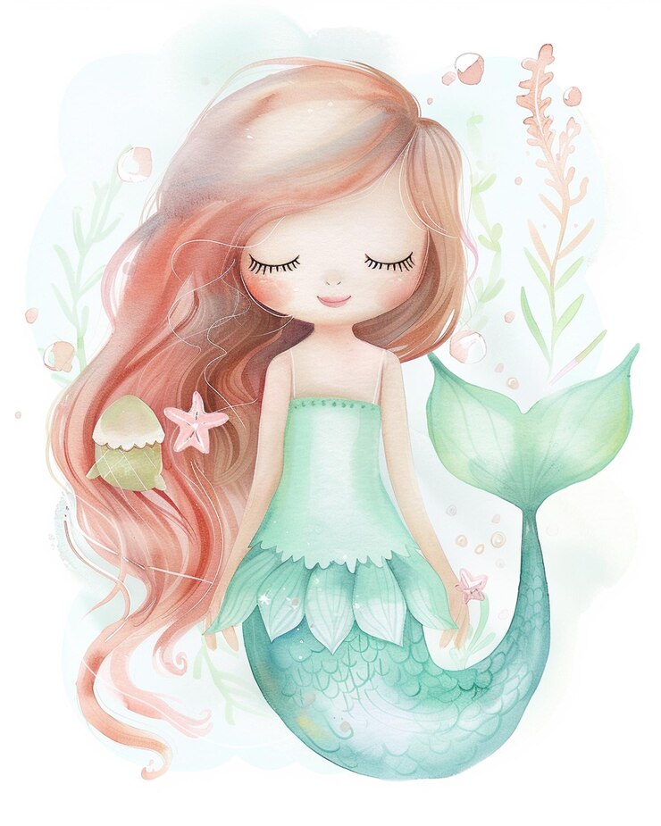 sirena con cabello largo rosado y vestido verde sentada en una roca generativa ai