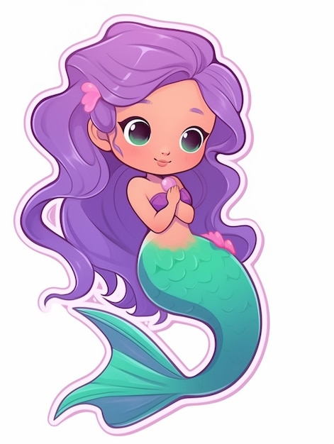 Foto sirena de dibujos animados con cabello largo morado y un lazo rosa ai generativo