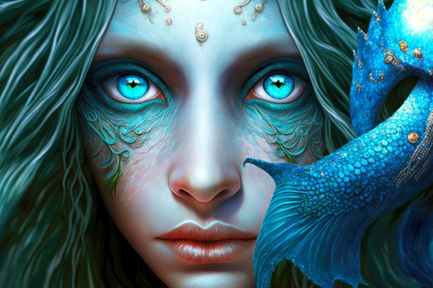 Sirena de fantasía con grandes ojos azules hermosos