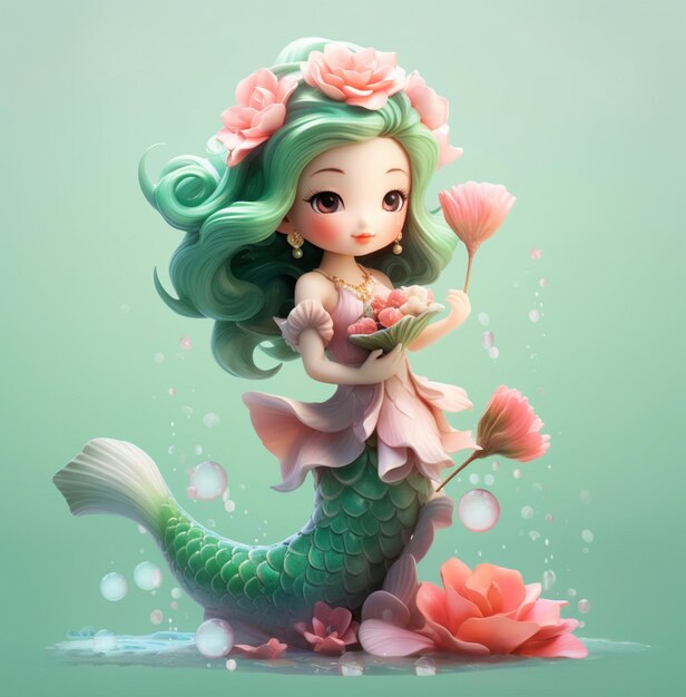 Foto sirena con una flor en su mano y una flor rosa en su mano generativa ai