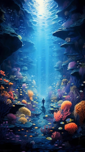 Una sirena se para frente a un gran arrecife de coral con el océano al fondo.