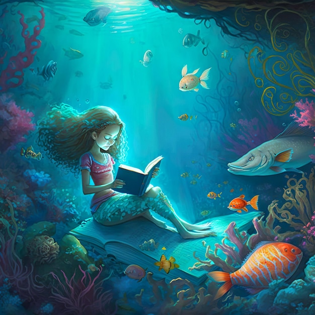 Una sirena leyendo un libro en un mar de peces