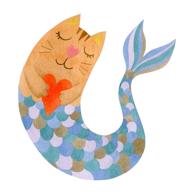 Sirena linda del gato de la acuarela aislada en la ilustración del fondo blanco