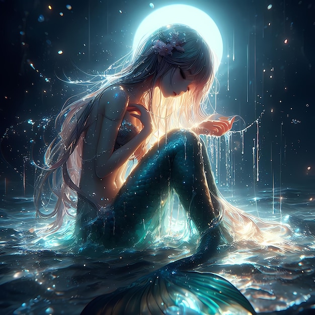 una sirena con una luna en el fondo