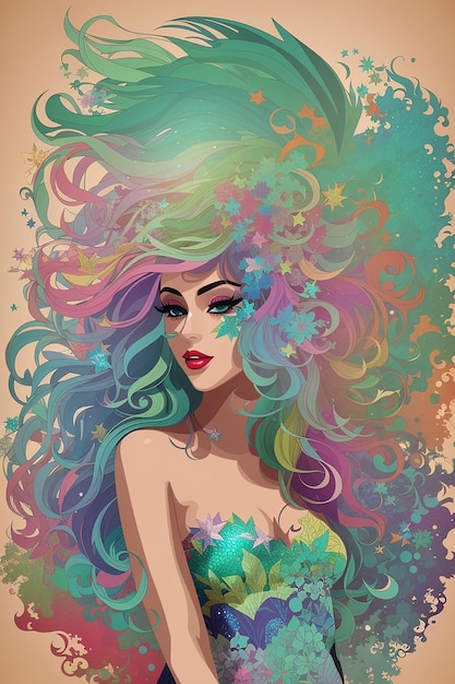 Sirena Marvel colorido en conjunto en la mano algas de tabaco estilo camiseta diseño arte vectorial