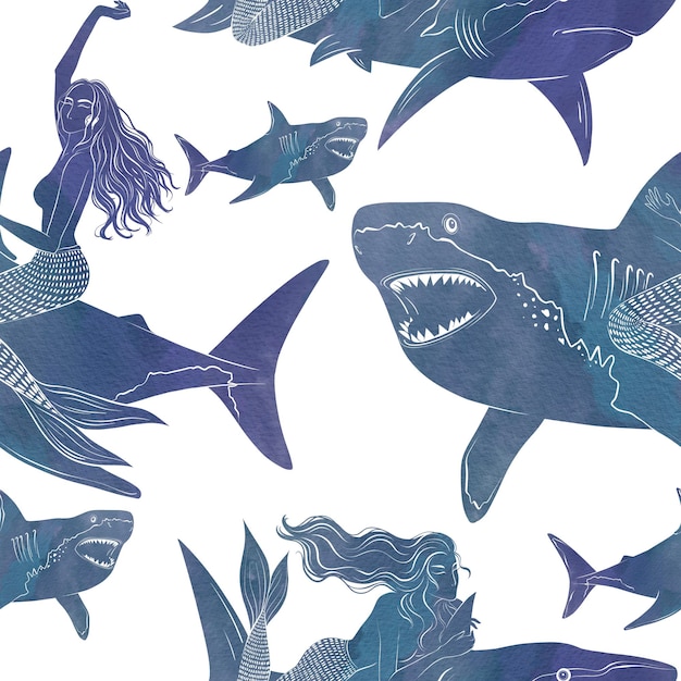 Sirena montando un tiburón Ilustración de acuarela con patrón sin costuras