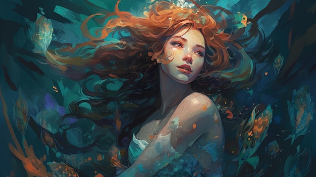 Sirena nadando bajo el agua Concepto de fantasía Ilustración pintura IA generativa