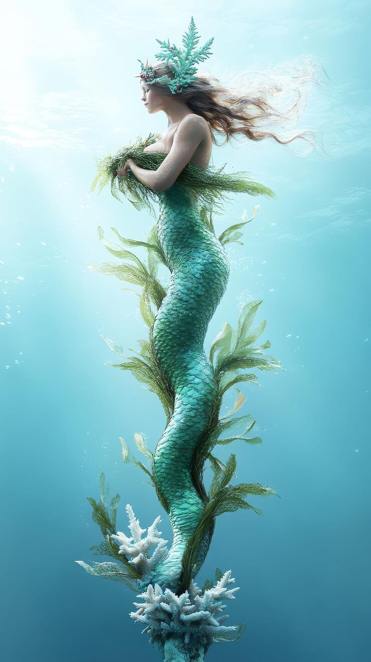 Sirena de Navidad envolviendo algas marinas alrededor de un árbol de coral escena festiva de vacaciones submarinas