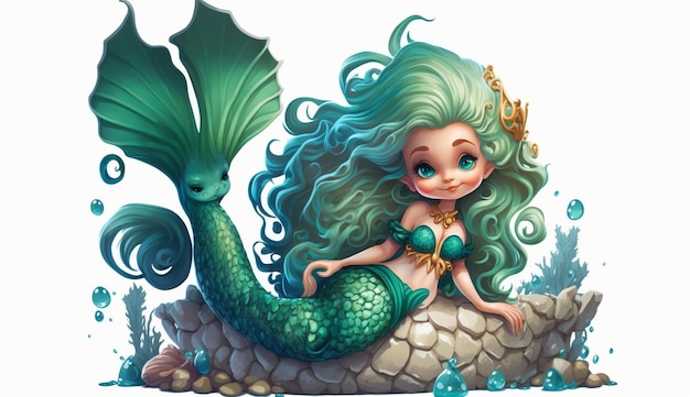 Una sirena de pelo verde se sienta sobre un pez.