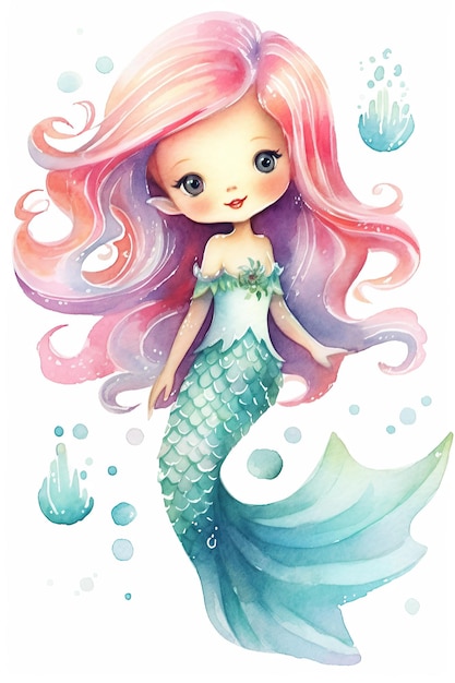 Sirena princesa acuarela clipart lindo aislado sobre fondo blanco con IA generativa