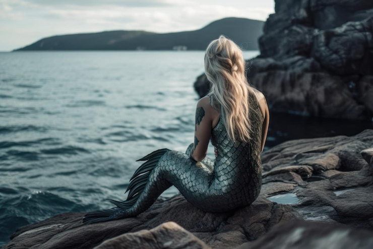 Sirena sentada en una roca a la orilla del mar generativa ai