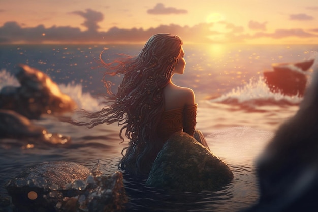 Una sirena se sienta en el agua y mira la puesta de sol.