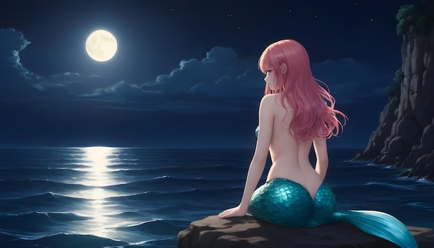 una sirena se sienta en una roca en el agua con la luna en el fondo mirando al mar