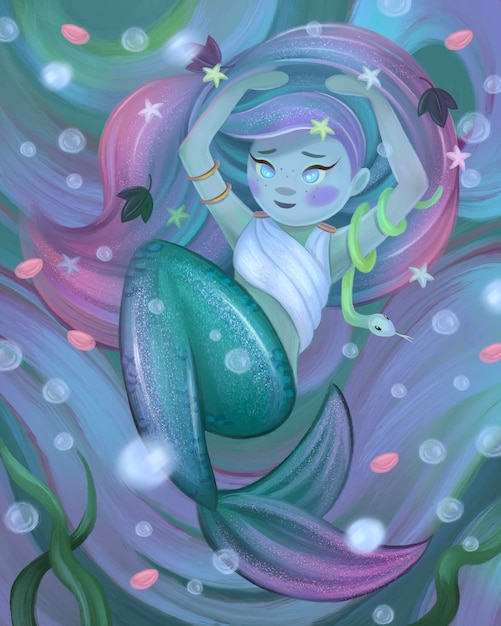 Sirena Sirena linda con una serpiente verde nada bajo el agua arte